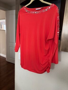 Susan Graver Red Embellished Boatneck Long Sleeve Top